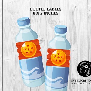 May include: Two water bottles with blue caps and labels that read "BOTTLE LABELS 8 x 2 INCHES". Each bottle has a red and orange label with a golden sphere and stars. The bottles have blue wave designs. The image also includes the text "PERSONALIZE WITH Corjl" and "TRY BEFORE YOU BUY! DEMO LINK IN DESCRIPTION".