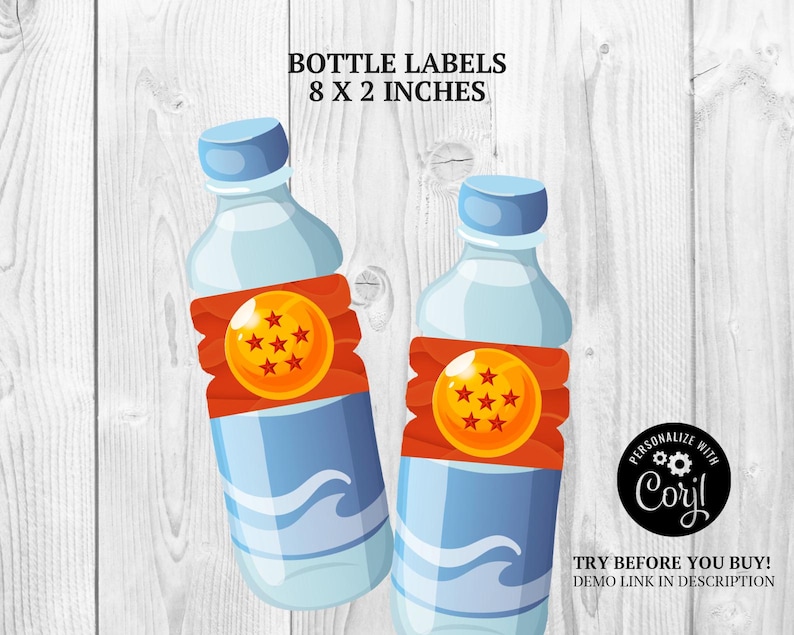 May include: Two water bottles with blue caps and labels that read "BOTTLE LABELS 8 x 2 INCHES". Each bottle has a red and orange label with a golden sphere and stars. The bottles have blue wave designs. The image also includes the text "PERSONALIZE WITH Corjl" and "TRY BEFORE YOU BUY! DEMO LINK IN DESCRIPTION".