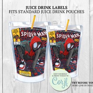 Etiquetas Caprisun Miles Morales, Suco Miles Morales, Decoração e Lembrancinhas para Festa, Tema de Festa de Aniversário para Meninos do Homem-Aranha, CORJL Personalizado para Imprimir