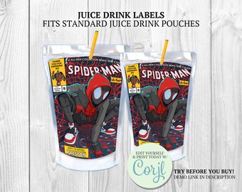 Könnte beinhalten: Zwei bedruckbare Saftbox-Etiketten mit einer Comic-Illustration von Spider-Man in einem rot-schwarzen Anzug. Die Etiketten sind für Standard-Saftbeutel konzipiert und enthalten den Text "Spider-Man" und "Danke, dass du vorbeikommst!"