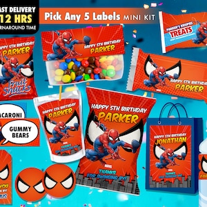 May include: A set of 10 printable labels featuring a superhero theme with a red and blue color scheme. The labels feature a cartoon image of Spiderman and the text "Happy 5th Birthday Parker".