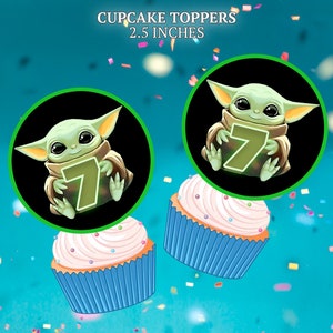 Baby Yoda cupcake toppers for birthday party. Use as party favors and decor.