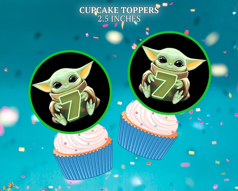 Baby Yoda cupcake toppers for birthday party. Use as party favors and decor.