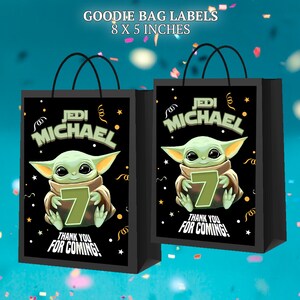 Baby Yoda goodie bag labels or gift bag labels for birthday party. Use as party favors and decor.