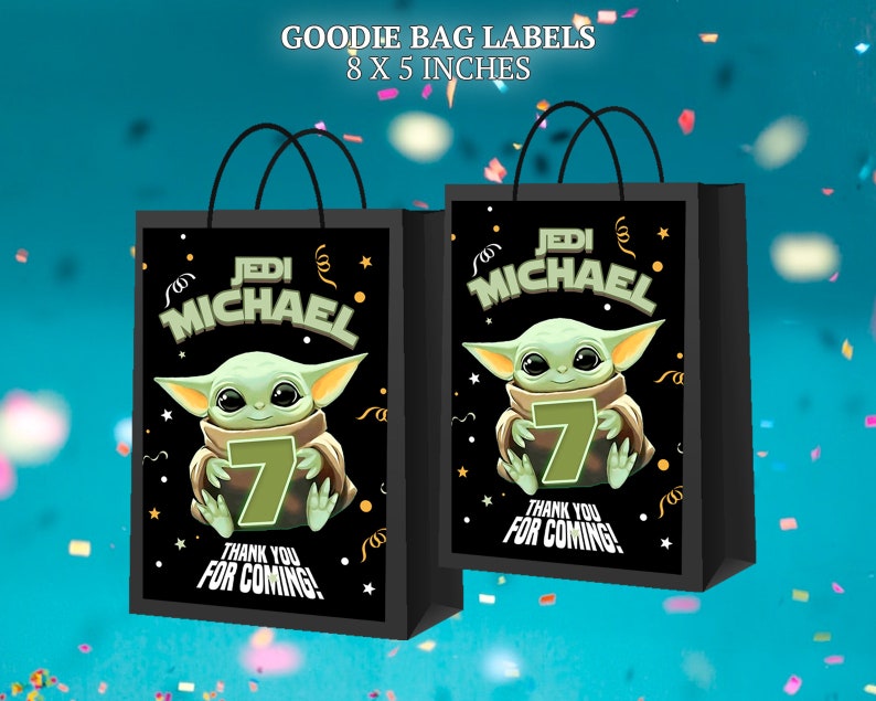 Baby Yoda goodie bag labels or gift bag labels for birthday party. Use as party favors and decor.
