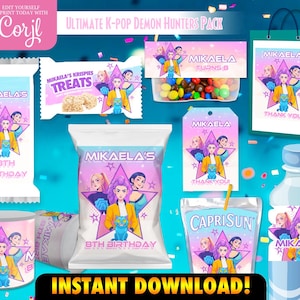 May include: A collection of party supplies with a K-Pop theme. The items include a candy bag, a gift bag, a juice box, a water bottle, and other items. The design features a star with illustrations of girls and the text "MIKAELA".