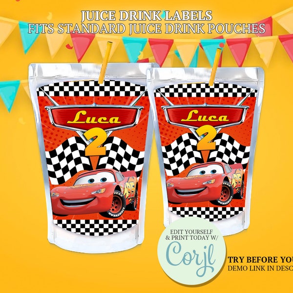 CARS Printable Caprisun Labels, Cars Juice Pouch Label, Lightning McQueen Cars Birthday Decor, Cars Party Favor, Racing Cars Sticker CORJL