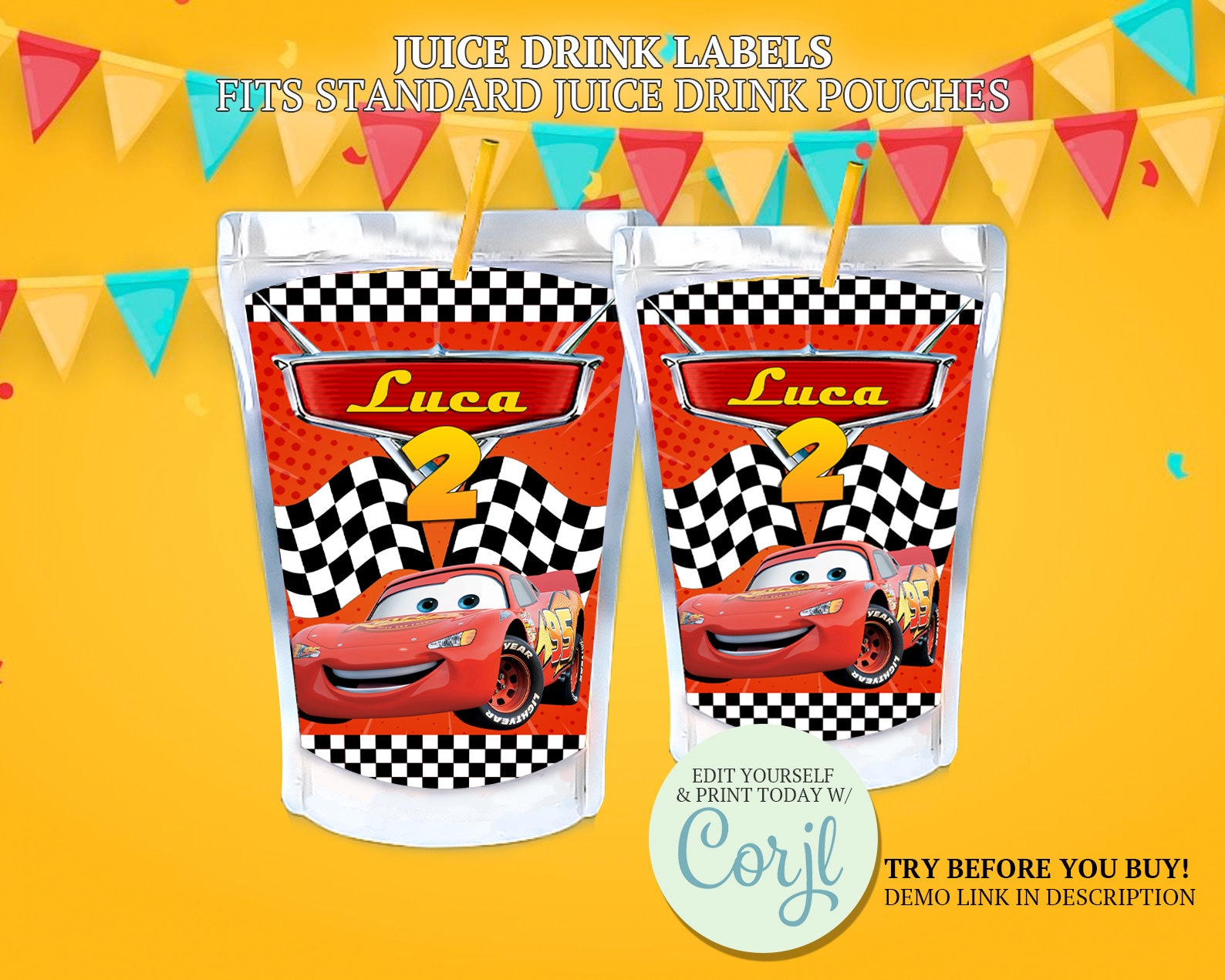CARS Printable Caprisun Labels, Cars Juice Pouch Label, Lightning McQueen Cars Birthday Decor, Cars Party Favor, Racing Cars Sticker CORJL