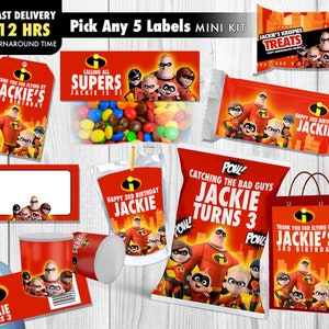 The Incredibles Party Printables, Incredibles Birthday Decor and Favors, Incredibles Chip Bag Labes, Water Bottle Labels, Thank You Tags