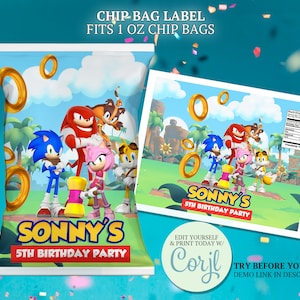 Sonic Chip Bag Label, Blue Sonic Crispies Wrapper, Potato Snack Pouch, Hedgehog Party Favors, Sonic Birthday Party, Printable Template CORJL
