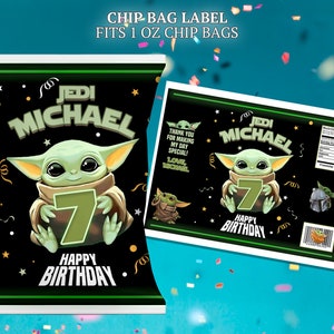 Baby Yoda chip bag labels for birthday party. Use as party favors and decor.
