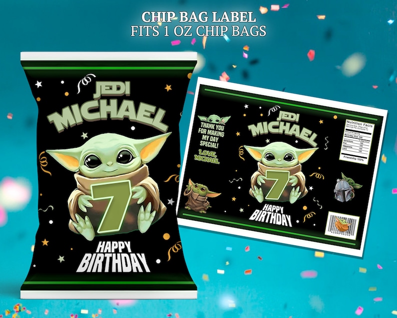 Baby Yoda chip bag labels for birthday party. Use as party favors and decor.
