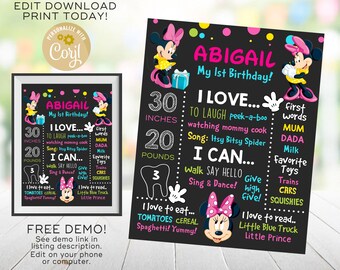 Cartel de pizarra para el primer cumpleaños de Minnie Mouse: rosa y azul (plantilla editable de Corjl, descarga instantánea)