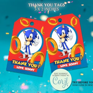Etiquetas de agradecimento do Sonic, etiquetas de aniversário do Sonic do ouriço, etiqueta de presente para festa do Sonic, tema de aniversário para meninos, lembrancinhas e suprimentos para festa, CORJL editável