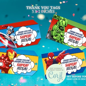 Avengers Thank You Tags, Superhero Thank You Tags, Avengers Birthday Party, Avengers Decoration, Avengers Party Favors, Avengers Printables