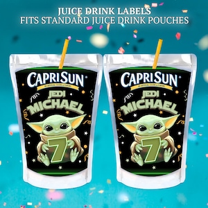 Baby Yoda caprisun labels or juice drink sticker for birthday party. Use as party favors and decor.