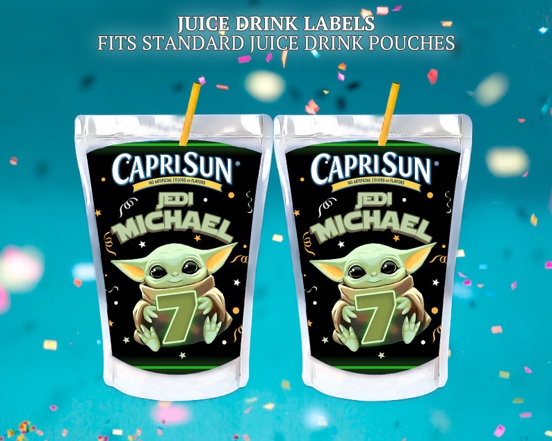 Baby Yoda caprisun labels or juice drink sticker for birthday party. Use as party favors and decor.