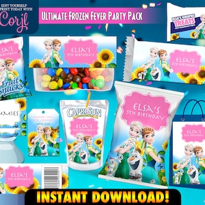 アナと雪の女王の誕生日パーティーの印刷物：ポテトチップス袋のラベル、サンキュータグ（すぐにダウンロード）