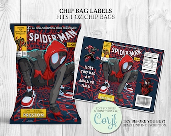 Miles Morales Chip Bag Label, Miles Morales Crisps Wraps, Miles Spiderman Potato Chips, Birthday Party Printable Decor and Favors CORJL