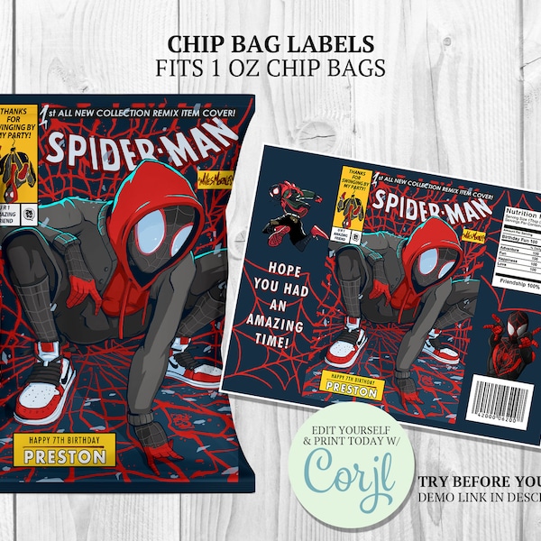 Miles Morales Chip Bag Label, Miles Morales Crisps Wraps, Miles Spiderman Potato Chips, Birthday Party Printable Decor and Favors CORJL