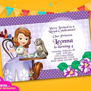 Faire-part princesse, invitations premier anniversaire de Sofia, carte d'invitation imprimée fichier numérique, invitation d'anniversaire mignon, goûter d'anniversaire royal