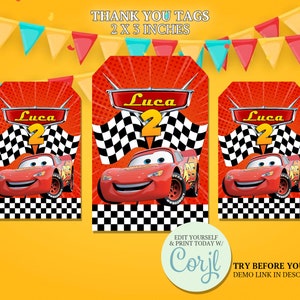 Etiquetas de agradecimiento de Cars, imprimibles de la película Cars, fiesta de cumpleaños de Cars, decoración de autos de carrera, etiquetas para recuerdos de fiesta, plantilla editable CORJL