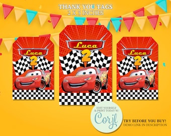 Cars Thank You Tags, Cars Movie Printables, Cars Birthday Party, Race Cars Decoration, Party Favors Labels, Editable Template CORJL