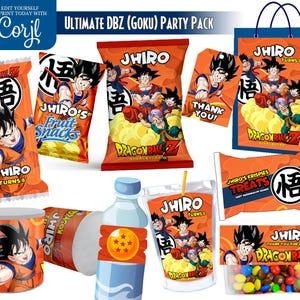 May include: An assortment of orange and blue party supplies featuring Dragon Ball Z characters. Items include snack bags, a gift bag, a water bottle, a juice cup, and a container of treats. Text includes "Ultimate DBZ (Goku) Party Pack" and "Jhiro Turns 8".