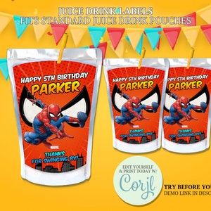 Etiquetas Caprisun do Homem-Aranha, Etiqueta para Bolsa de Suco do Homem-Aranha, Decoração de Aniversário do Homem-Aranha, Lembrancinha de Festa do Homem-Aranha, Adesivo Imprimível do Homem-Aranha CORJL