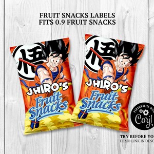 May include: Two fruit snack packages with a vibrant orange and yellow design. Each package features a cartoon character illustration and the text "Jhiro's Fruit Snacks." The top of the packages read "FRUIT SNACKS LABELS FITS 0.9 FRUIT SNACKS."