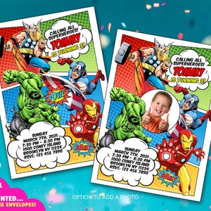 Invitación de los Vengadores, invitaciones de cumpleaños de superhéroes, tarjeta de invitación impresa o archivo digital, invitación de superhéroe para niño, tarjeta de fiesta de los Vengadores