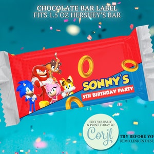 Emballages de barre de chocolat Sonic, Etiquette bleue pour barre chocolatée Sonic, Cadeaux hérisson, Etiquette imprimable de gourmandise, Modèle à modifier vous-même CORJL