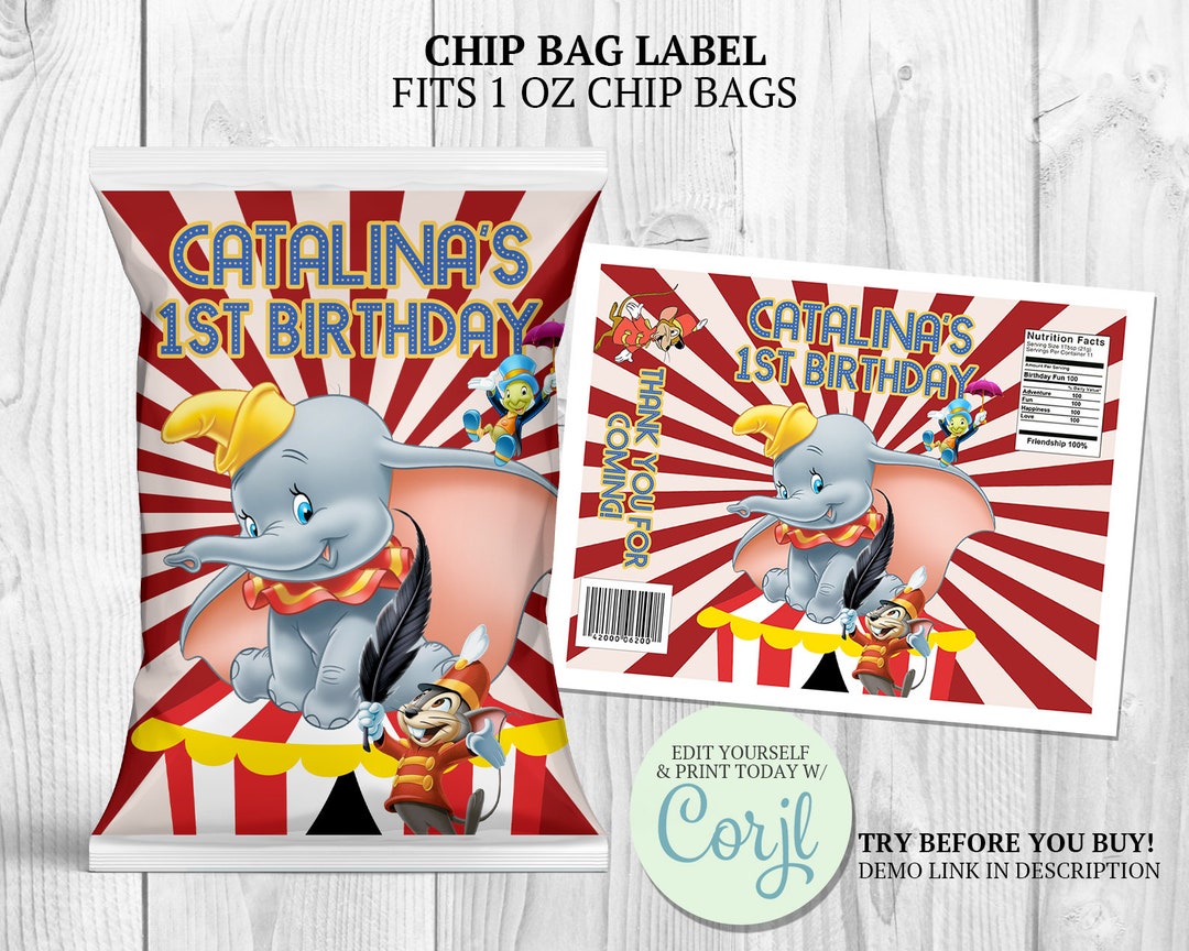 Dumbo Chip Bag Labels, Dumbo Crispies Wrappers, Potato Snack Pouch ...