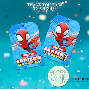 Etiquetas de agradecimento do Spidey and Friends, etiqueta de presente Amazing Friends, aniversário do super-herói do Homem-Aranha, lembrancinhas e decorações do super-herói do Homem-Aranha CORJL