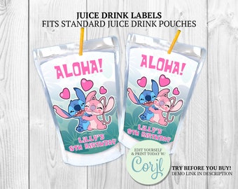 Stitch & Angel Caprisun Labels: Birthday Party Favors (Digital)