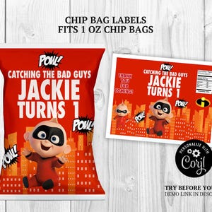 May include: Red chip bag label with the text "POW! Catching the Bad Guys Jackie Turns 1." Features a cartoon character in a red suit and black mask. Includes a matching label with the same design and text.