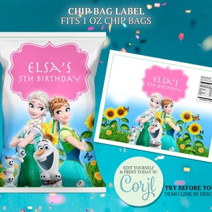 Frozen Birthday Chip Bag Labels: Elsa & Anna Party Favor (Printable - CORJL)