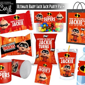 Op de afbeelding: Een verzameling rode en zwarte feestartikelen met het personage Jack-Jack uit The Incredibles. Items zijn onder meer snoepverpakkingen, een cadeauzak, een waterfles, een sapbeker en een container, allemaal met verjaardagsgroeten en de tekst "Jackie's 1st Birthday."