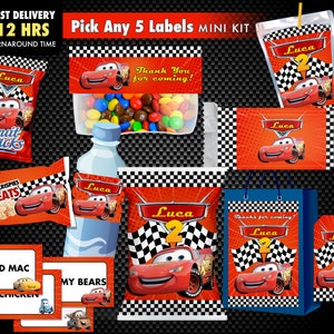 Etiqueta para bolsa de papas fritas de Cars, descarga imprimible de bolsa de papas fritas, papas fritas rojas de Cars, recuerdos y decoración para fiesta de McQueen, bolsa de dulces de Cars, etiquetas de agradecimiento