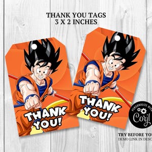 May include: Two orange gift tags featuring a cartoon character with black hair and an orange outfit. The tags read "THANK YOU!" and are 3 x 2 inches in size. The background is orange.
