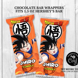 May include: Two orange chocolate bar wrappers featuring a Dragon Ball Z character illustration. The wrappers have the text "Jhiro Turns 8" and are designed to fit 1.5 oz Hershey's bars. The wrappers have a white and black circular logo.