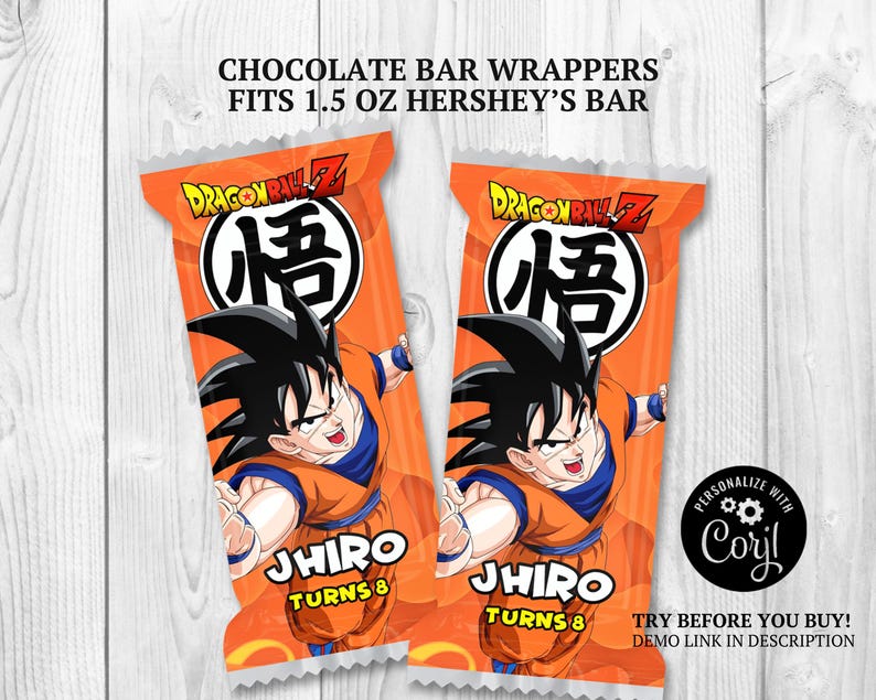 May include: Two orange chocolate bar wrappers featuring a Dragon Ball Z character illustration. The wrappers have the text "Jhiro Turns 8" and are designed to fit 1.5 oz Hershey's bars. The wrappers have a white and black circular logo.