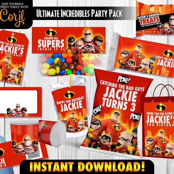 Incredible Family Party Pack, Incredibles Printable Labels and Tags, Use as Party Decoration and Favours, DIY Edit Yourself Templates CORJL