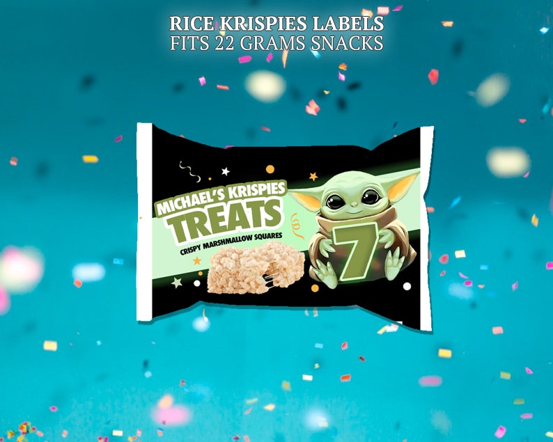 Baby Yoda rice krispies label for birthday party. Use as party favors and decor.
