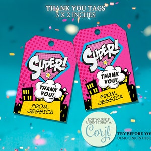 Etiquetas de agradecimiento para chicas superhéroes, imprimibles rosas con temática de superhéroes, etiquetas de agradecimiento, regalos de fiesta de superhéroes DIY, plantilla editable para chicas superhéroes.