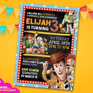 Toy Story-Einladung, Spielzeug-Geburtstagseinladung, gedruckte Einladungskarte oder digitale Datei, Woody Cowboy-Einladung, druckbare Toy Story-Karte