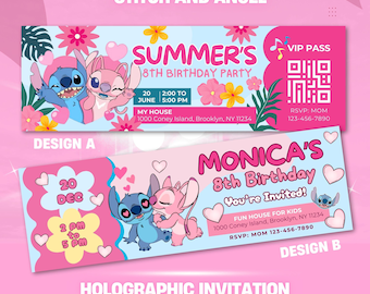 May include: Two invitation designs featuring Stitch and Angel characters. Design A has a light blue background with pink accents and text that reads "Summer's 8th Birthday Party." Design B has a pink background with the text "Monica's 8th Birthday, You're Invited!"