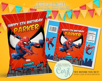 Spiderman Birthday Chip Bag Label: Printable Party Favor (CORJL)