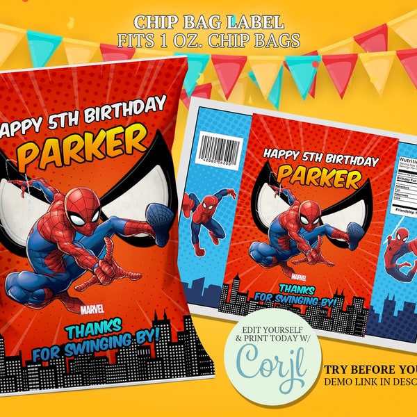 Spiderman Chip Bag Labels, Spiderman Crispies Wrapper, Spider-man Birthday Label, Spiderman Party Favor, Spiderman Printable Label -CORJL