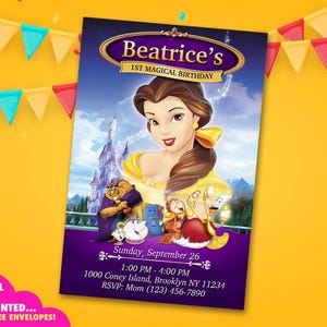 Princess Belle-uitnodiging, prinses verjaardagsuitnodiging, gedrukte uitnodigingskaart / digitaal bestand, Belle and Beast-uitnodiging, prinsessenfeestkaart